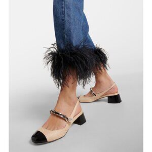 MIU MIU Leather Trimmed Raffia Slingback Pumps Naturals Size 39 NWT